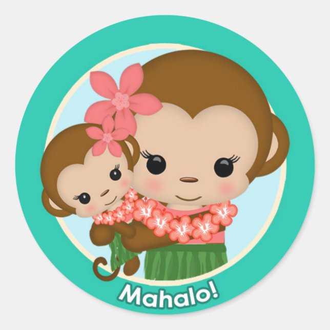 Hawaiian Hula Monkey Baby Shower sticker Mahalo (Front)