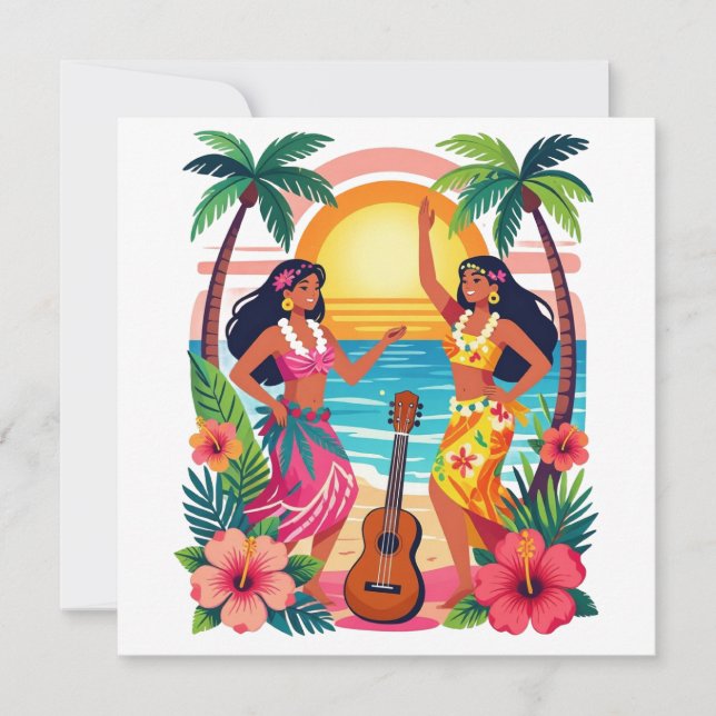 Hawaiian Hula Sunset Beach Tropical Dance Art Invitation (Front)