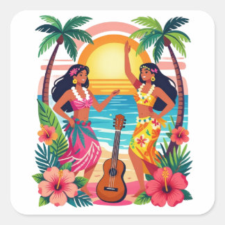Hawaiian Hula Sunset Beach Tropical Dance Art Square Sticker