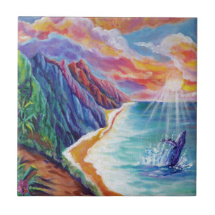 Hawaiian Humpback Whale and Na Pali of Kauai Ceramic Tile