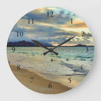 Hawaiian Island Sunset with Numbers Large Clock