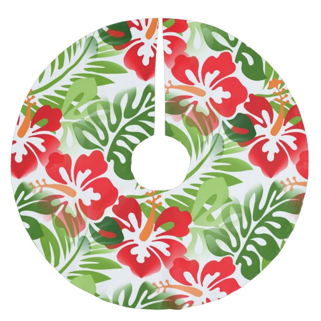 Hawaiian Island Tropical Pattern Hibiscus Flowers Brushed Polyester Tree Skirt (Front)