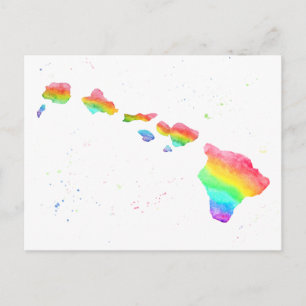 Hawaiian Islands Rainbow Map Watercolor painting Postcard