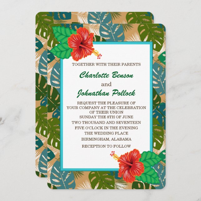 Hawaiian Jungle Foliage Hibiscus Flower Wedding Invitation (Front/Back)