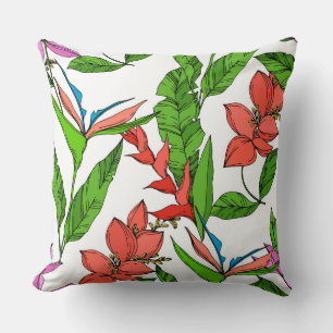 Hawaiian jungle greenery and red summer floral cushion