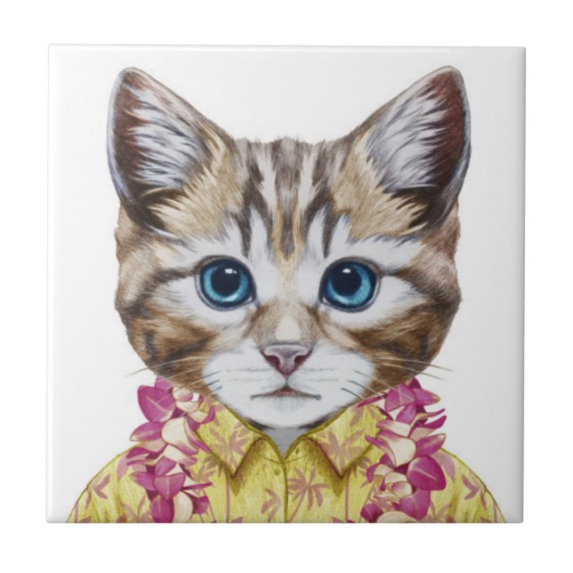 Hawaiian Kitty Cat Ceramic Tile (Front)