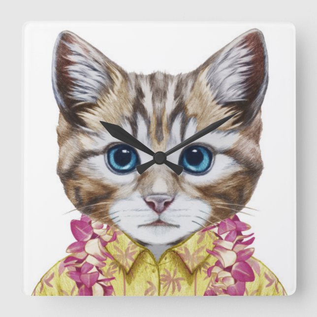 Hawaiian Kitty Cat Square Wall Clock (Front)
