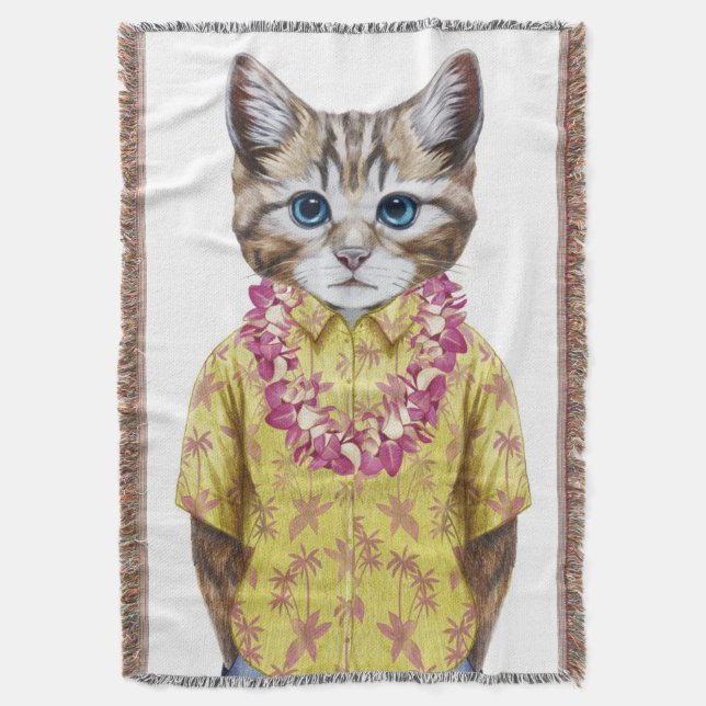 Hawaiian Kitty Cat Throw Blanket (Front Vertical)