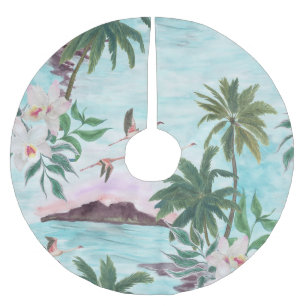Hawaiian Landscape Flamingo Watercolor Pattern Brushed Polyester Tree Skirt