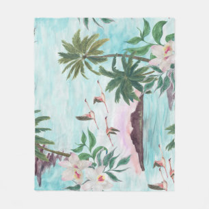 Hawaiian Landscape Flamingo Watercolor Pattern Fleece Blanket