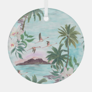 Hawaiian Landscape Flamingo Watercolor Pattern Glass Tree Decoration