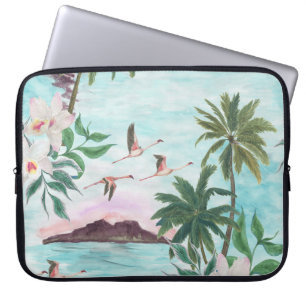 Hawaiian Landscape Flamingo Watercolor Pattern Laptop Sleeve