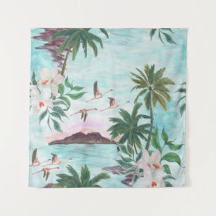 Hawaiian Landscape Flamingo Watercolor Pattern Tapestry