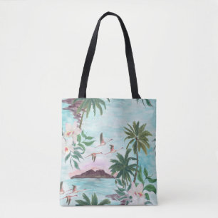 Hawaiian Landscape Flamingo Watercolor Pattern Tote Bag