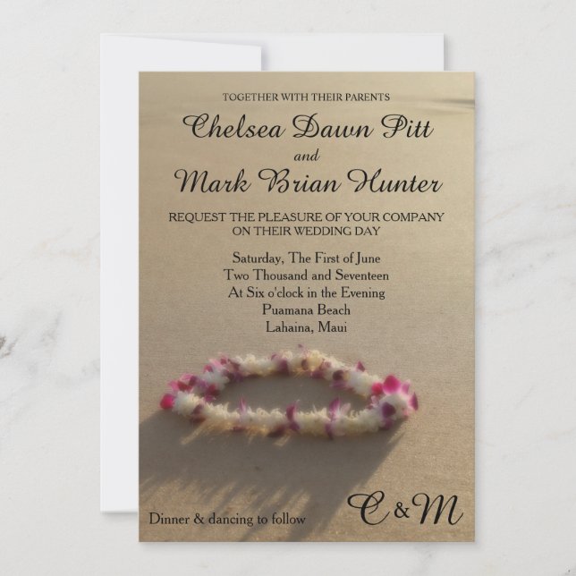 Hawaiian Lei Beach Wedding Invitation (Front)