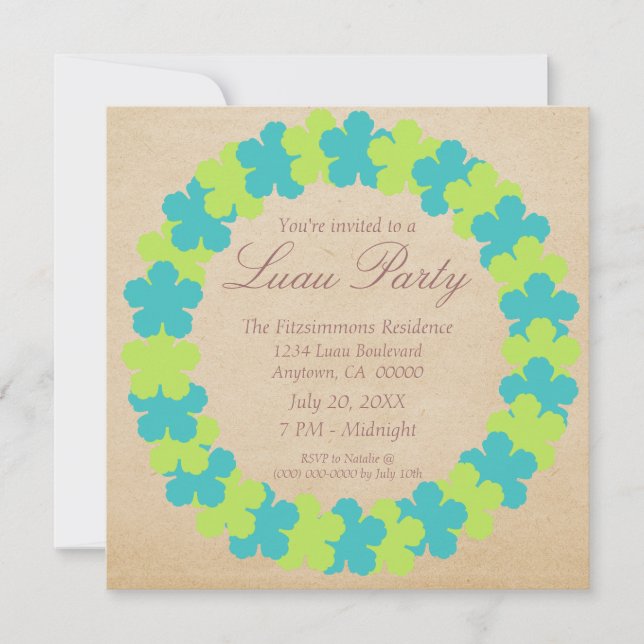 Hawaiian Lei Luau Party Invitation, Aqua and Green Invitation (Front)