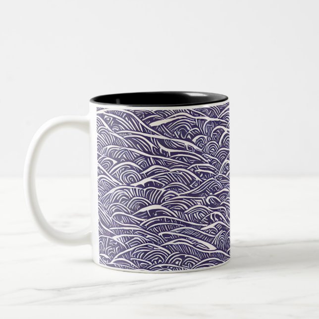 Hawaiian Linocut Waves and Surf  Two-Tone Coffee Mug (Left)