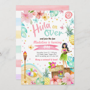 Hawaiian Luau Birthday Invite Tropical Pool Party 
