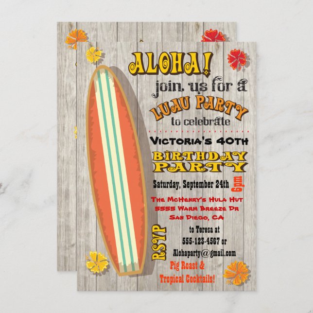 Hawaiian Luau Birthday Party Invitations (Front/Back)