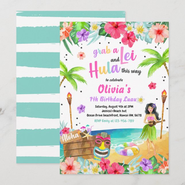 Hawaiian Luau Birthday Party Tropical Birthday Invitation (Front/Back)