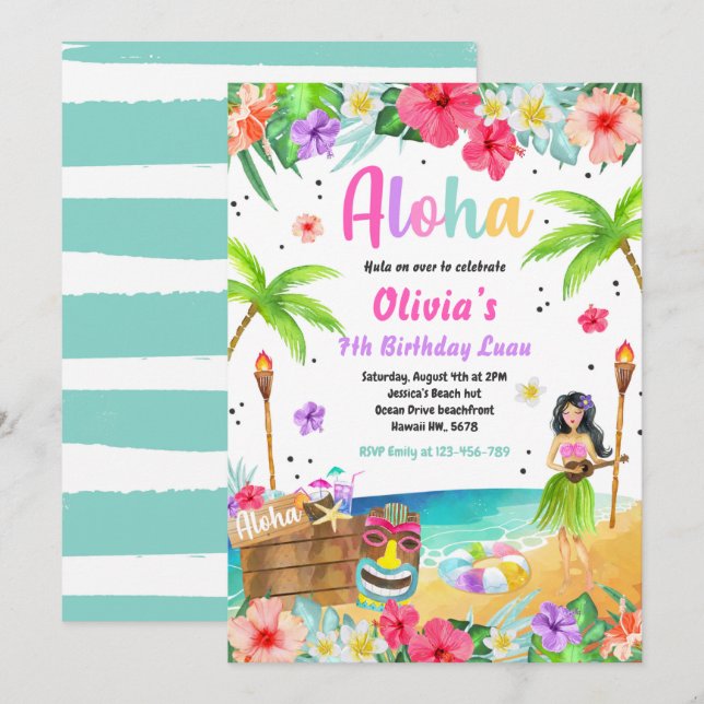 Hawaiian Luau Birthday Party Tropical Birthday  Invitation (Front/Back)