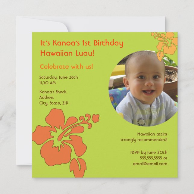 Hawaiian Luau First Birthday Photo Invitation (Front)