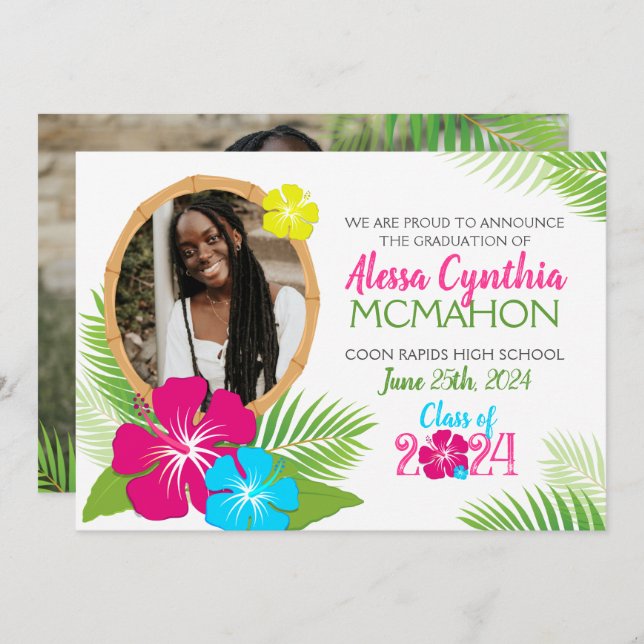 Hawaiian Luau Graduation 2 Photo Announcement (Front/Back)