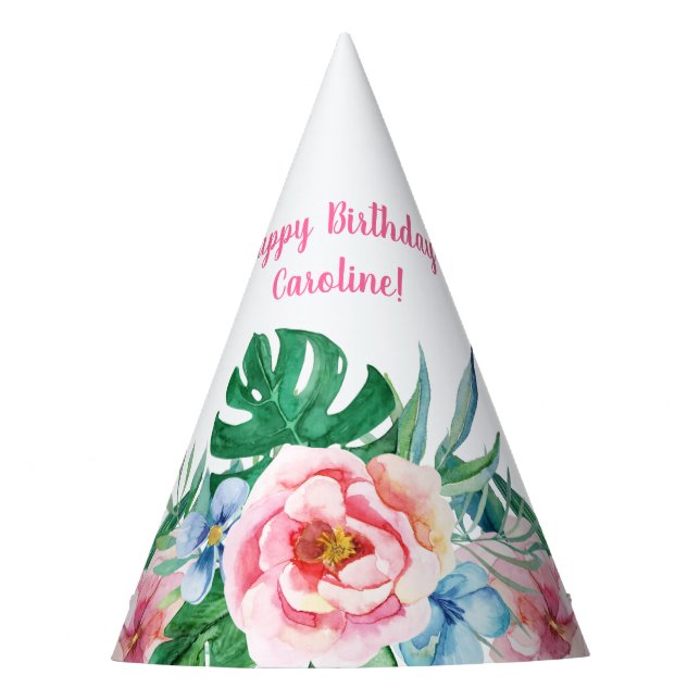Hawaiian Luau Party Tropical Floral Pink Birthday Party Hat (Front)