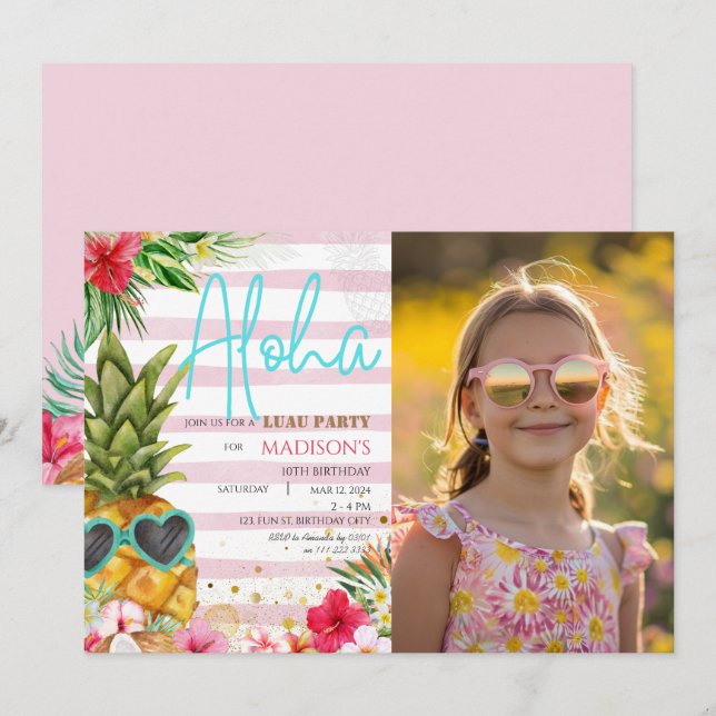 Hawaiian Luau Pineapple Girl Picture Birthday  Invitation (Front/Back)
