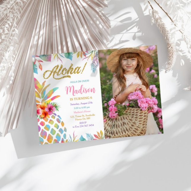 Hawaiian Luau Pineapple Tropical Girl Birthday Invitation (Creator Uploaded)