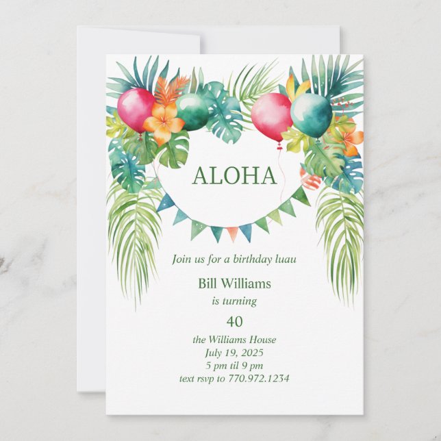 Hawaiian Luau Tropical Birthday Party Invitation (Front)