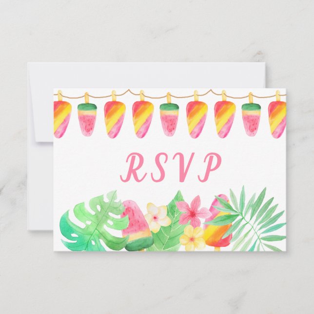 Hawaiian Luau Tropical Leaves Ice Lolly Watercolor RSVP Card (Front)