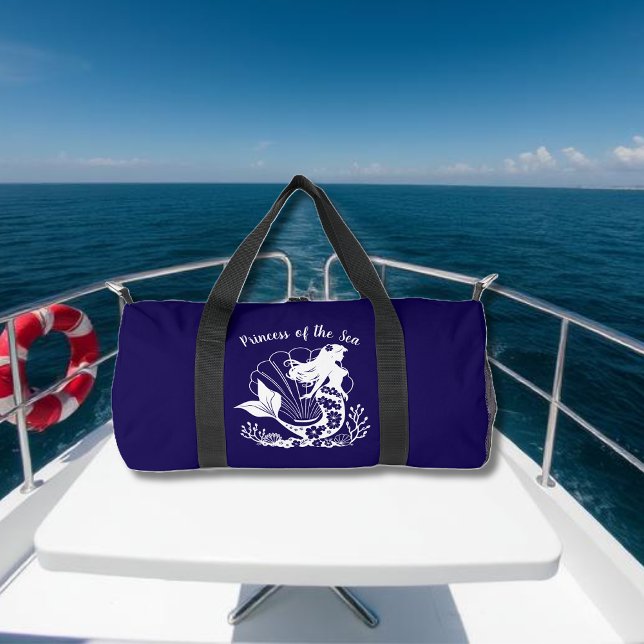 Hawaiian Mermaid Princess of the Sea Blue Duffle Bag (Hawaiian Mermaid Tropical Flowers Sea Shells Coral, Summer Beach, Fisherman Trend Duffel Dark Blue)