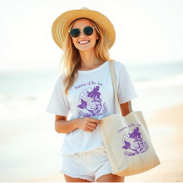 Hawaiian Mermaid-Princess of the Sea-Fisherman- Large Tote Bag (Hawaiian Mermaid-Sea Shells and Tropical Flowers-Fisherman Core-Beach Bag-Beach Tote-Summer-Purple)