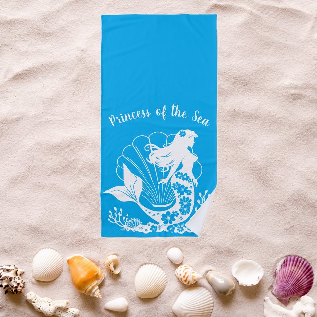 Hawaiian Mermaid Princess of the Sea-Light Blue Beach Towel (Hawaiian Mermaid Tropical Flowers Sea Shells Coral, Summer Beach, Fisherman Trend Towel)