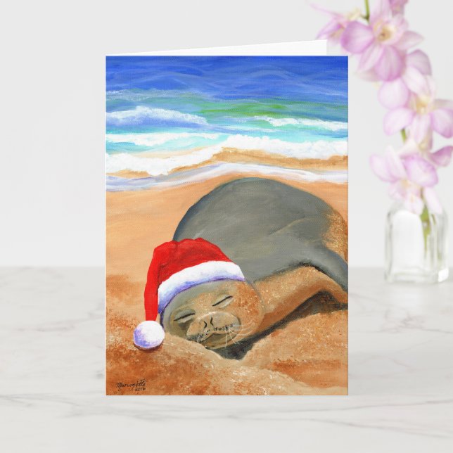 Hawaiian Monk Seal on Beach Mele Kalikimaka Card (Orchid)