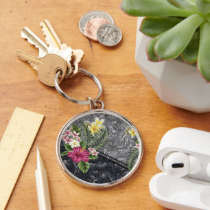 Hawaiian Monstera Tapa and Hibiscus Key Ring