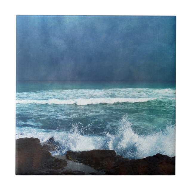 Hawaiian Ocean Waves Aqua Teal Blue Surf Lava Sea Ceramic Tile (Front)