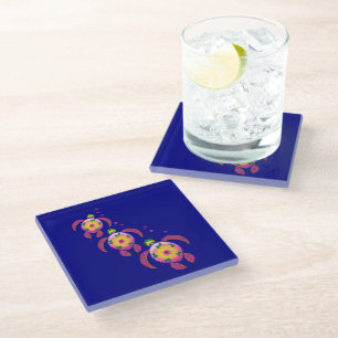 Hawaiian Ohana Honu Sea Turtles Glass Coaster