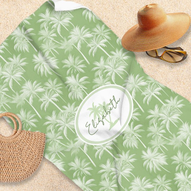 Hawaiian Palm Tree Silhouette Pattern Green ID1093 Beach Towel (Creator Uploaded)