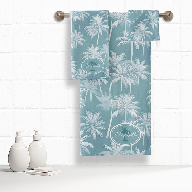 Hawaiian Palm Tree Silhouette Pattern Teal ID1093 Bath Towel Set (Creator Uploaded)