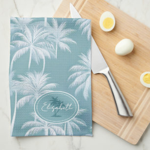 Hawaiian Palm Tree Silhouette Pattern Teal ID1093 Tea Towel
