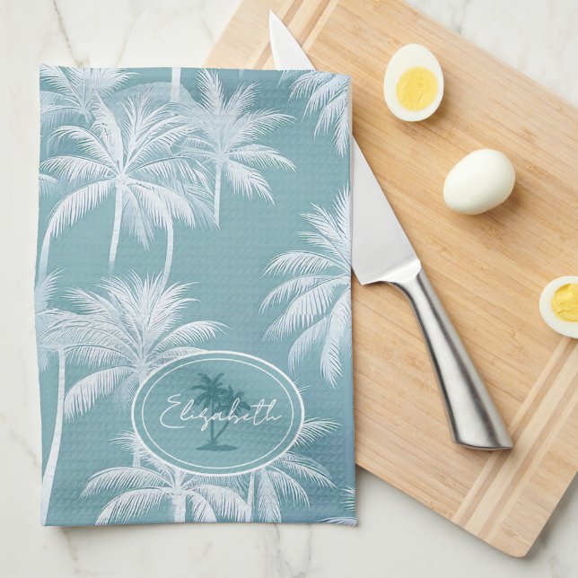 Hawaiian Palm Tree Silhouette Pattern Teal ID1093 Tea Towel (Quarter Fold)