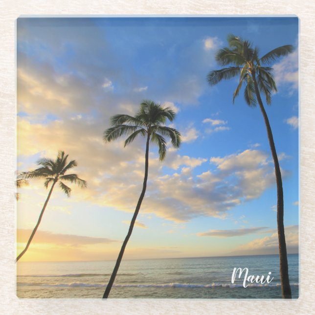 Hawaiian Palm Trees and Sunset Glass Coaster (Front)