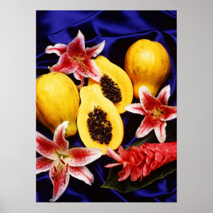 Hawaiian papayas with lilies & red ginger flowers poster