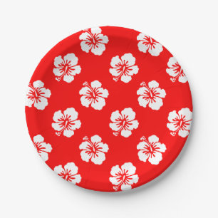 Hawaiian Pattern Hibiscus Red and White Paper Plate