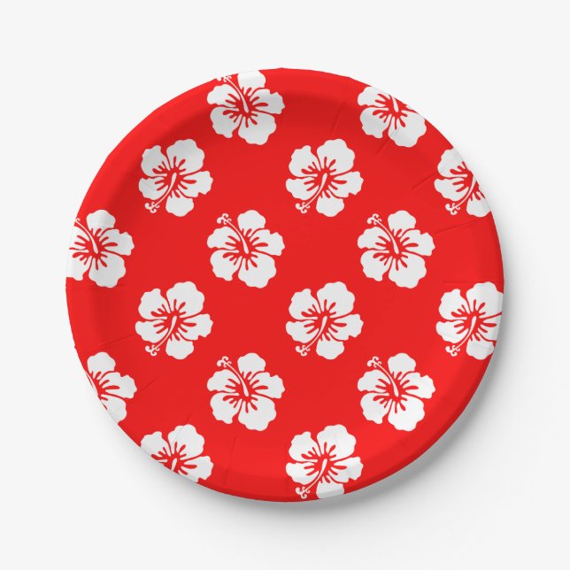 Hawaiian Pattern Hibiscus Red and White Paper Plate (Front)