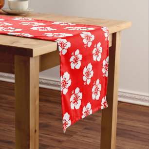 Hawaiian Pattern Hibiscus Red and White Short Table Runner