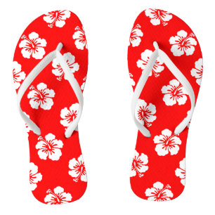 Hawaiian Pattern Hibiscus Red and White Thongs