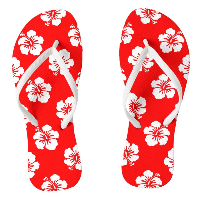 Hawaiian Pattern Hibiscus Red and White Thongs (Footbed)